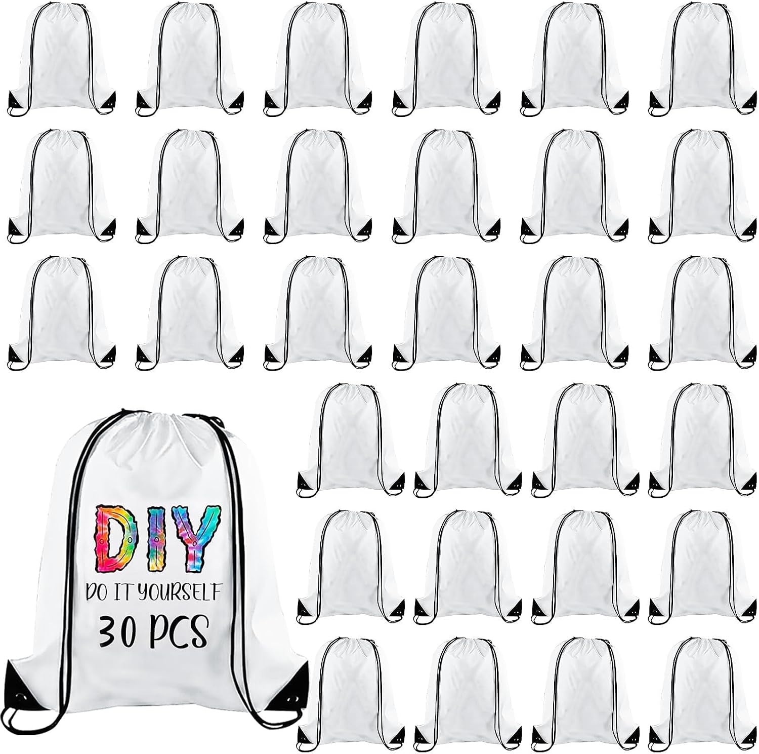 Sac de sport à cordon: en polyester, Lot de 30, 40 × 34 cm, blanc