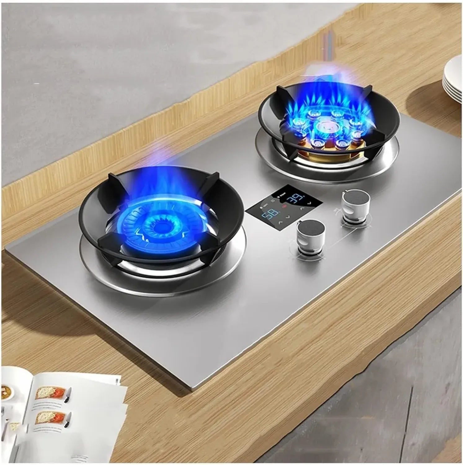 Cuisinière à Gaz Portable avec Double Brûleur et Minuterie, Facile à Nettoyer, Installation Libre ou Encastrable, Couleur Argent