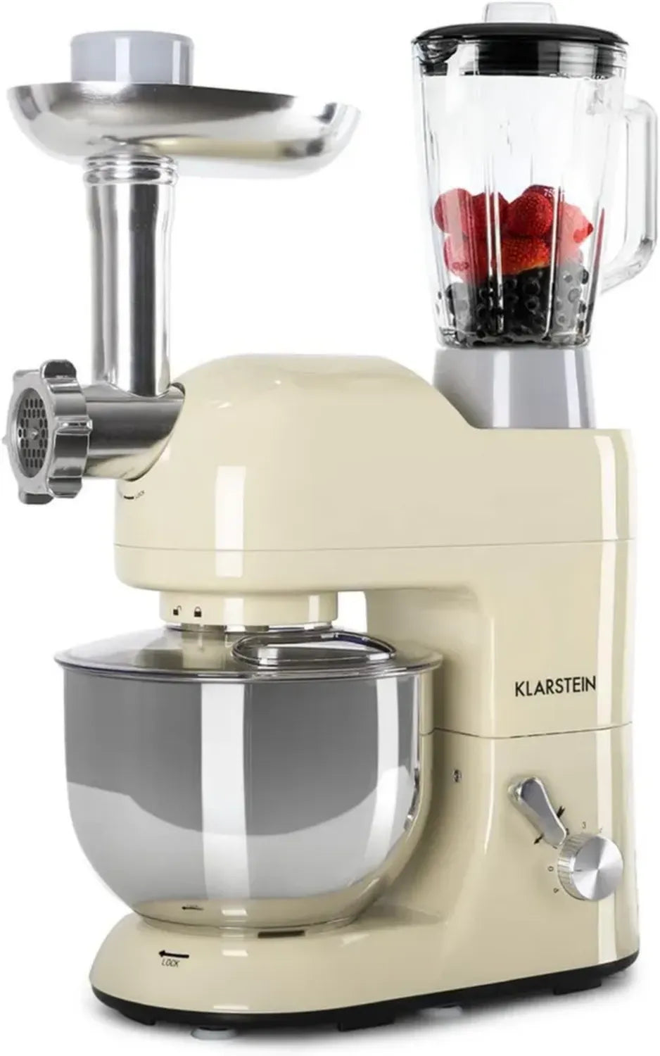 Klarstein Robot Culinaire Multifonction 1800W, Batteur sur Socle avec Bol 5L, Blender 1.5L, Hachoir à Viande, 6 Vitesses pour Boulangerie