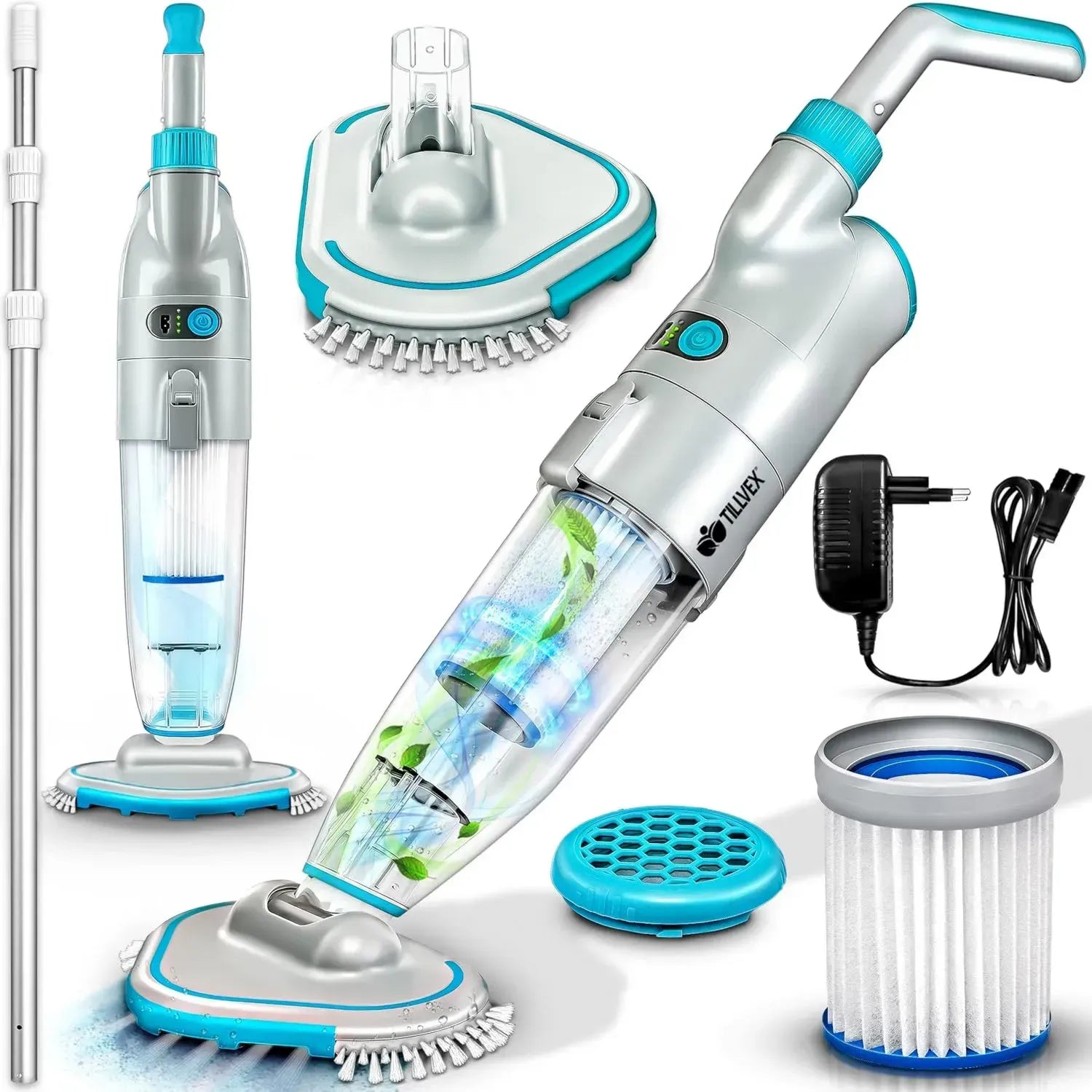 Aspirateur de Piscine Électrique tillvex avec Batterie et Manche Télescopique 3,60 m