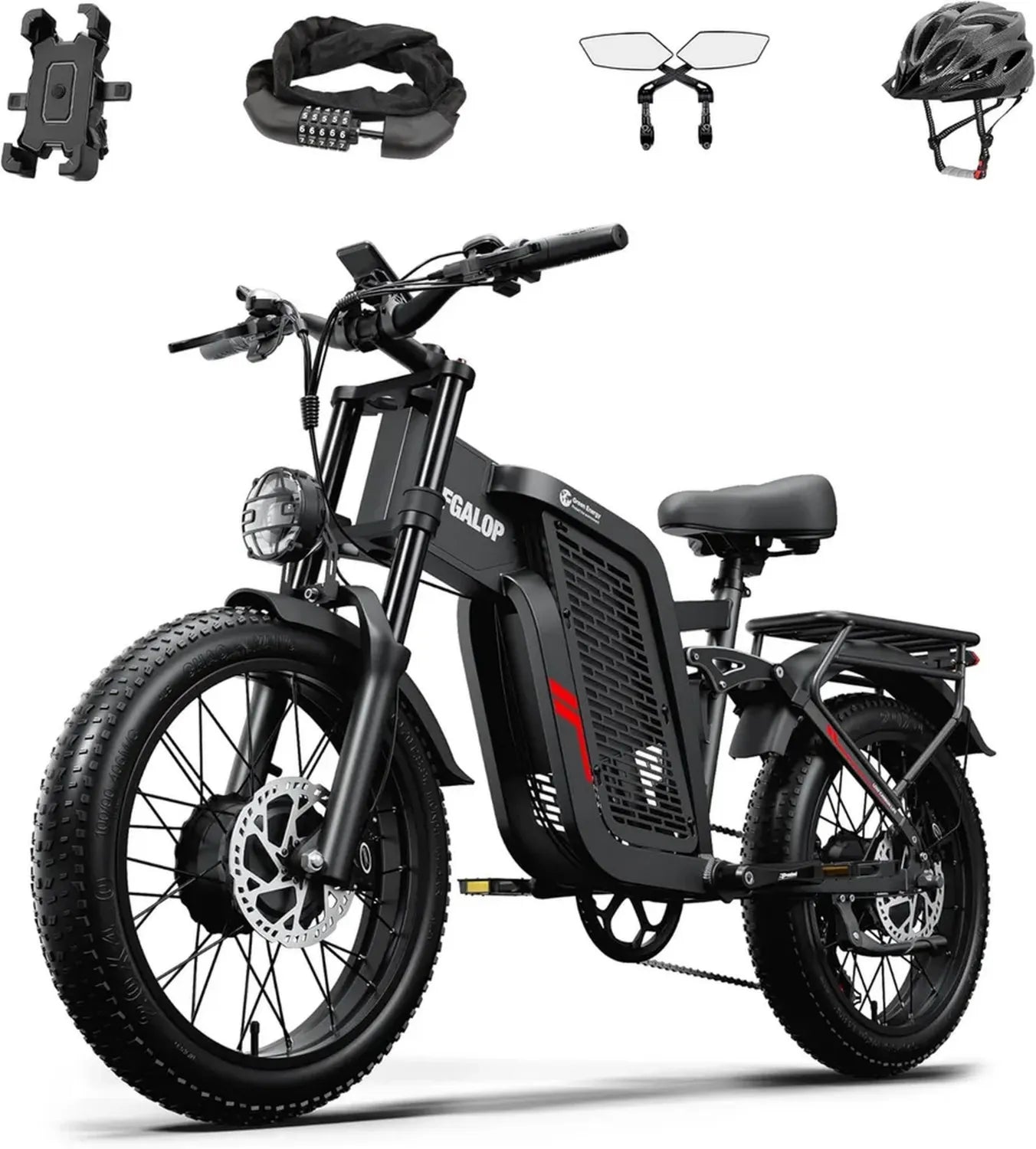 Vélo électrique adulte double moteur 52V, autonomie 90 km, pneus larges 20 pouces