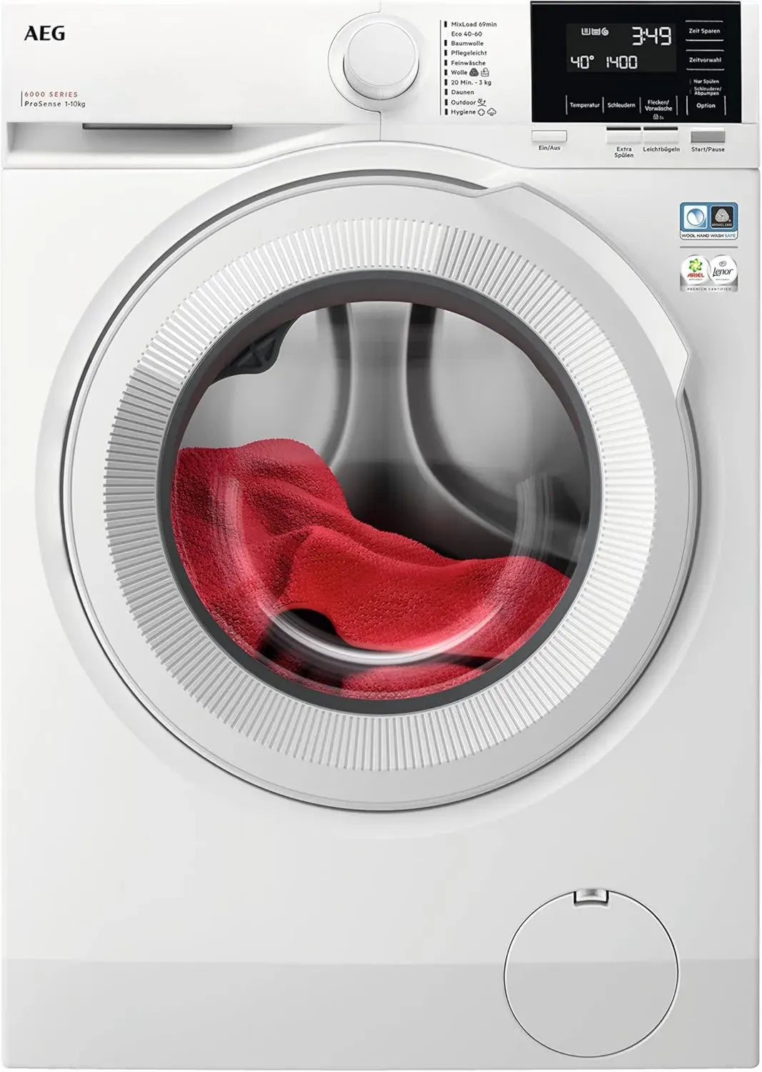 Lave-linge AEG 10 kg, Silencieux, Auto-Dosage, Rechargeable, Sécurité Enfant, Doux Tambour, Arrêt Aqua, 1400 tr/min – Blanc
