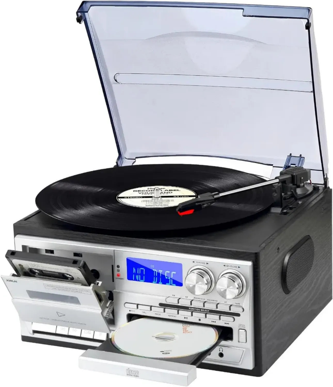 Tourne-disque multifonctions 9-en-1 avec Bluetooth, haut-parleurs intégrés, CD/Cassette et radio AM/FM, USB/SD/MMC, Noir