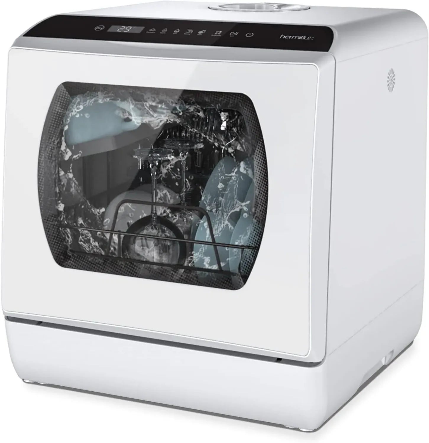 Hermitlux Lave-vaisselle Compact 4 Couverts - 5 Programmes, Stérilisation 75°C, Nettoyage Intégral, Double Alimentation (Réservoir 5L/Robinet)