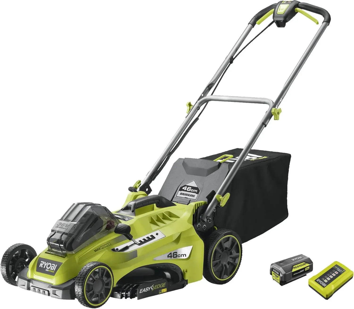 Tondeuse sans fil 36V avec moteur sans balais, largeur de coupe 46cm, batterie 5.0Ah et chargeur inclus
