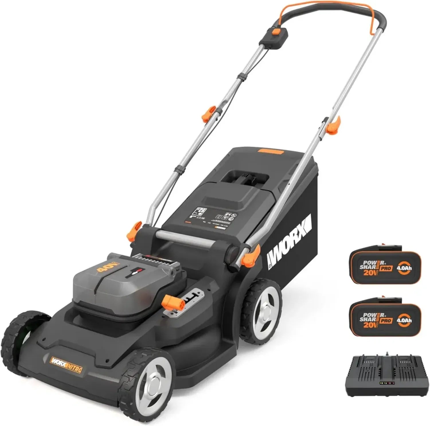 Tondeuse à Gazon Sans Fil 40V WORX, 500 m², 41cm, Coupe Bordures, 6 Hauteurs, Bac 50L, Poignées Pliables, 2 Batteries 4Ah, Chargeur Rapide
