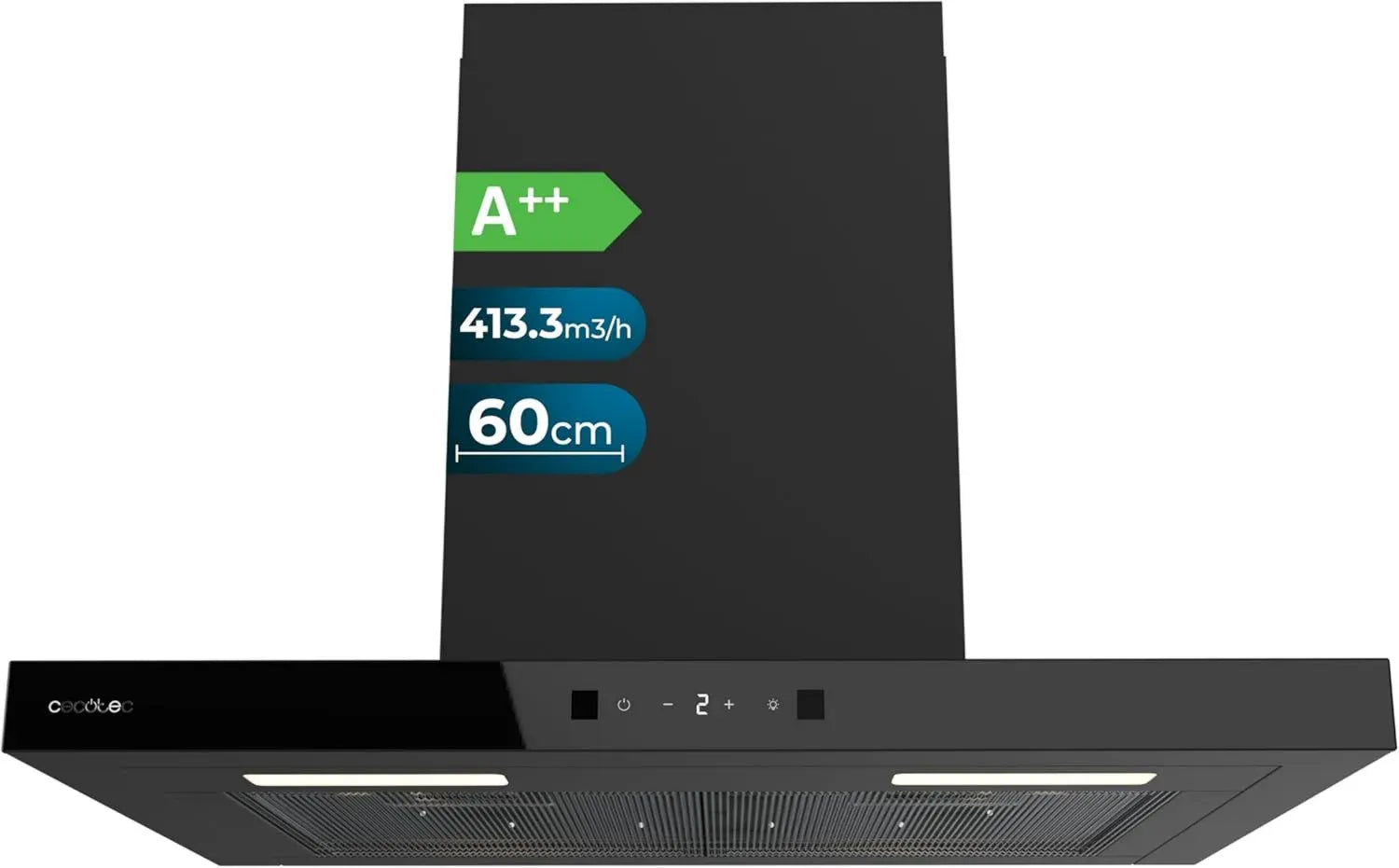 Hotte Aspirante Cecotec Bolero Flux TT Noire, 60 cm, 413 m³/h, Classe A++, Commande Tactile et Gestuelle, Fonction Boost, Filtres Amovibles