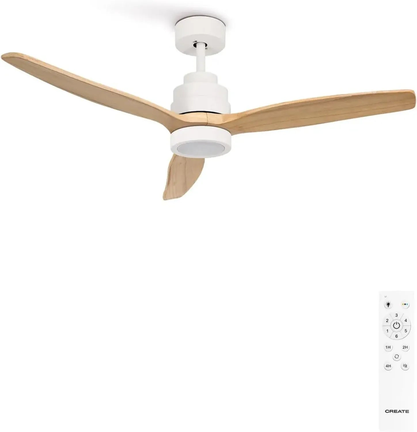 Ventilateur de Plafond en Bois Naturel avec Lumière et Télécommande, 40W, Silencieux, 132 cm, 6 Vitesses, Fonction Été-Hiver, Minuterie