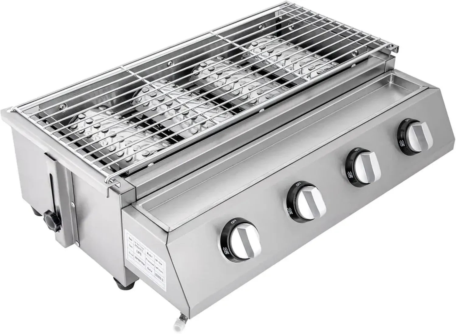 Grill à Gaz 4 Brûleurs en Acier Inoxydable, Portable avec Bac à Huile, Hauteur Réglable pour Jardin