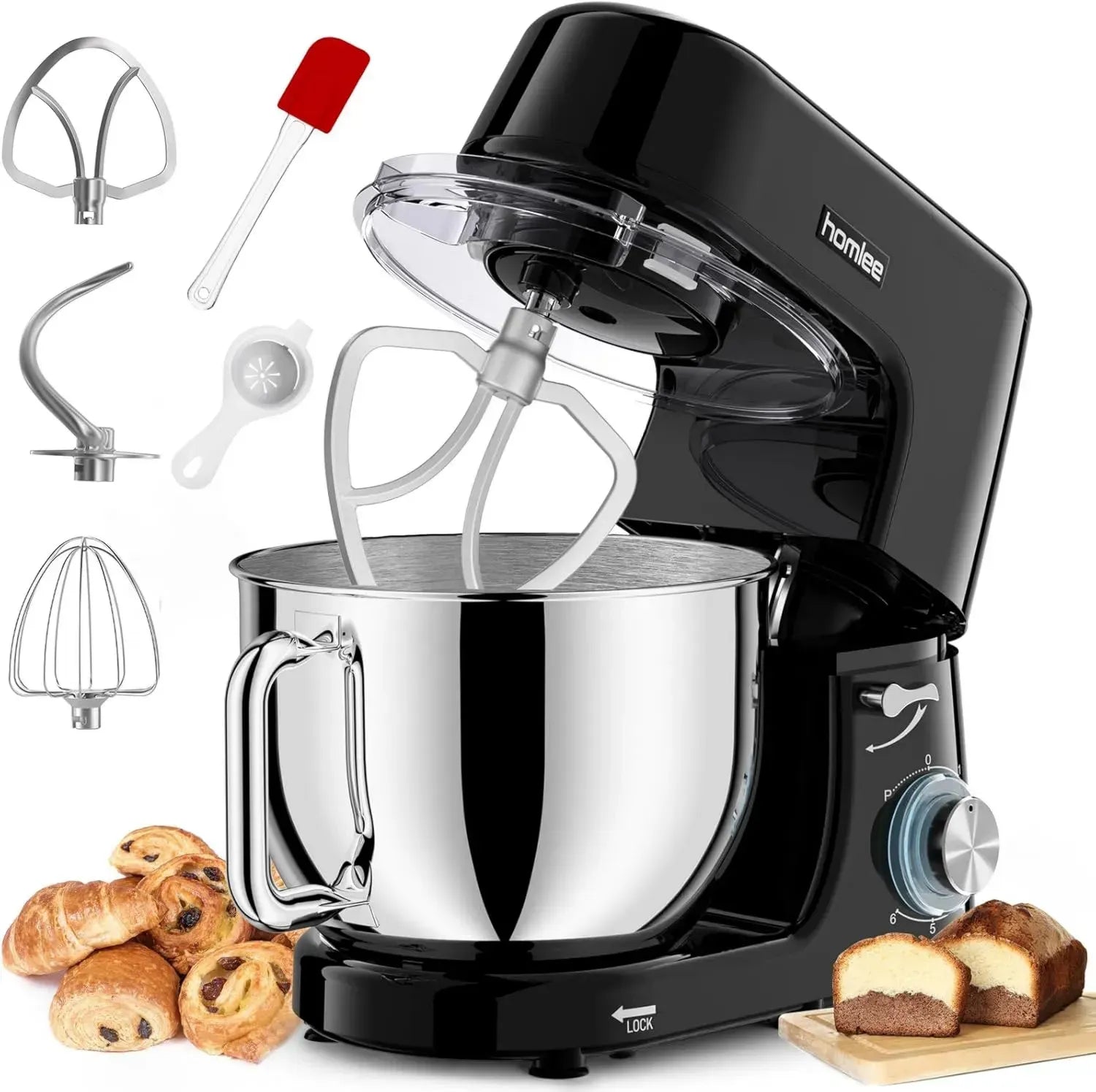 Robot Pâtissier Professionnel 1800W, Bol en Acier Inoxydable 7,2L, Accessoires Fouet, Batteur, Crochet, 6 Vitesses avec Pare-éclaboussures