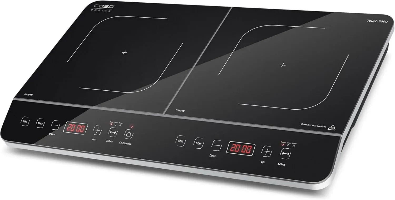 Plaque à Induction Double CASO Touch 3500, Sécurité, Température 60-240°C, 6 Niveaux, Minuterie 180 Min, Pour Casseroles Jusqu'à 26 cm, 3500W, Vitrocéramique