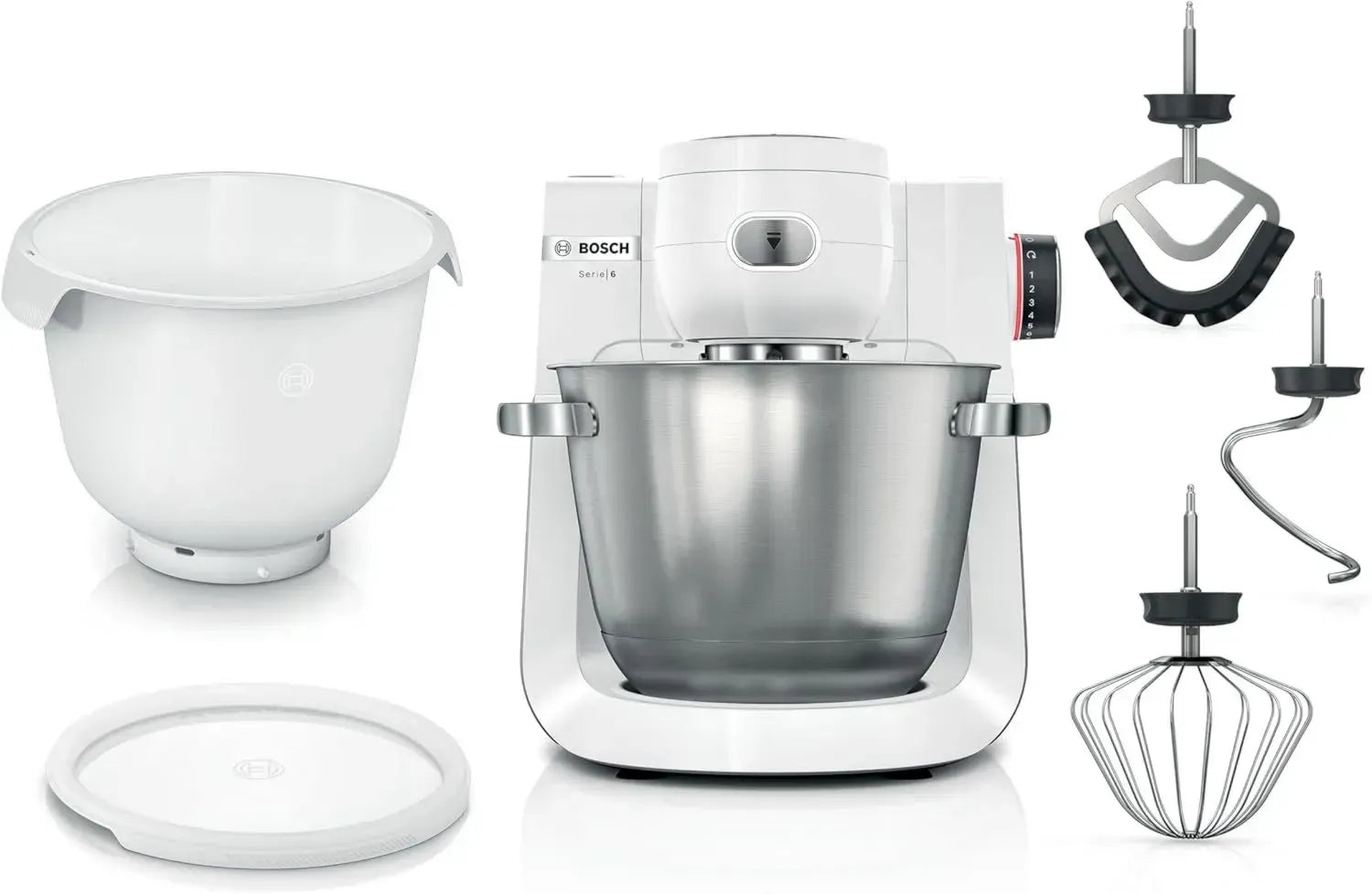 Robot pâtissier BSH Série 6 avec bol inox et plastique 1600W, blanc