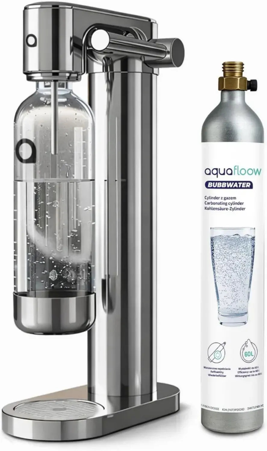 Machine à Soda Aquaflow en Inox – Carbonateur Manuel avec Recharge CO₂, Jusqu'à 60L, Bouteille Sans BPA et Base en Inox