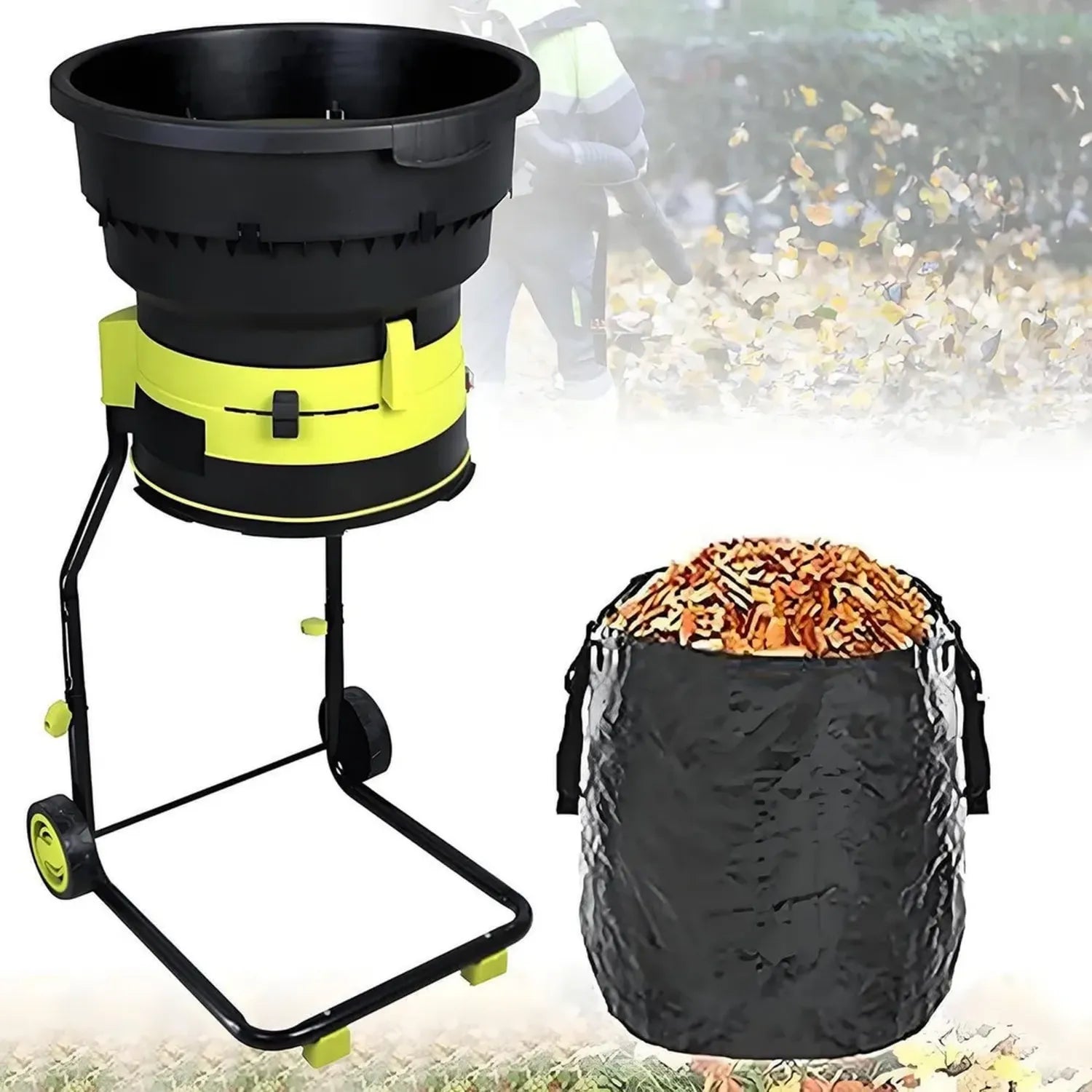 Broyeur électrique de feuilles de jardin, compact et rapide, avec roues et sac de collecte pour déchets
