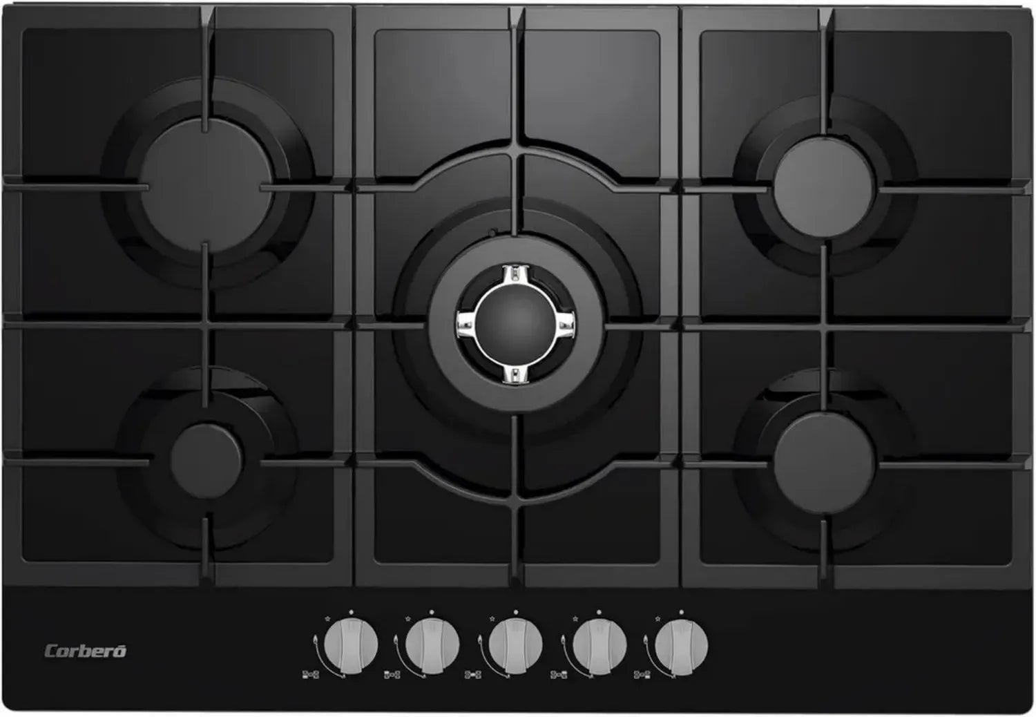 Plaque de cuisson en verre noir 75 cm, 5 zones, avec Wok, 8,5 kW, auto-allumage, arrêt automatique