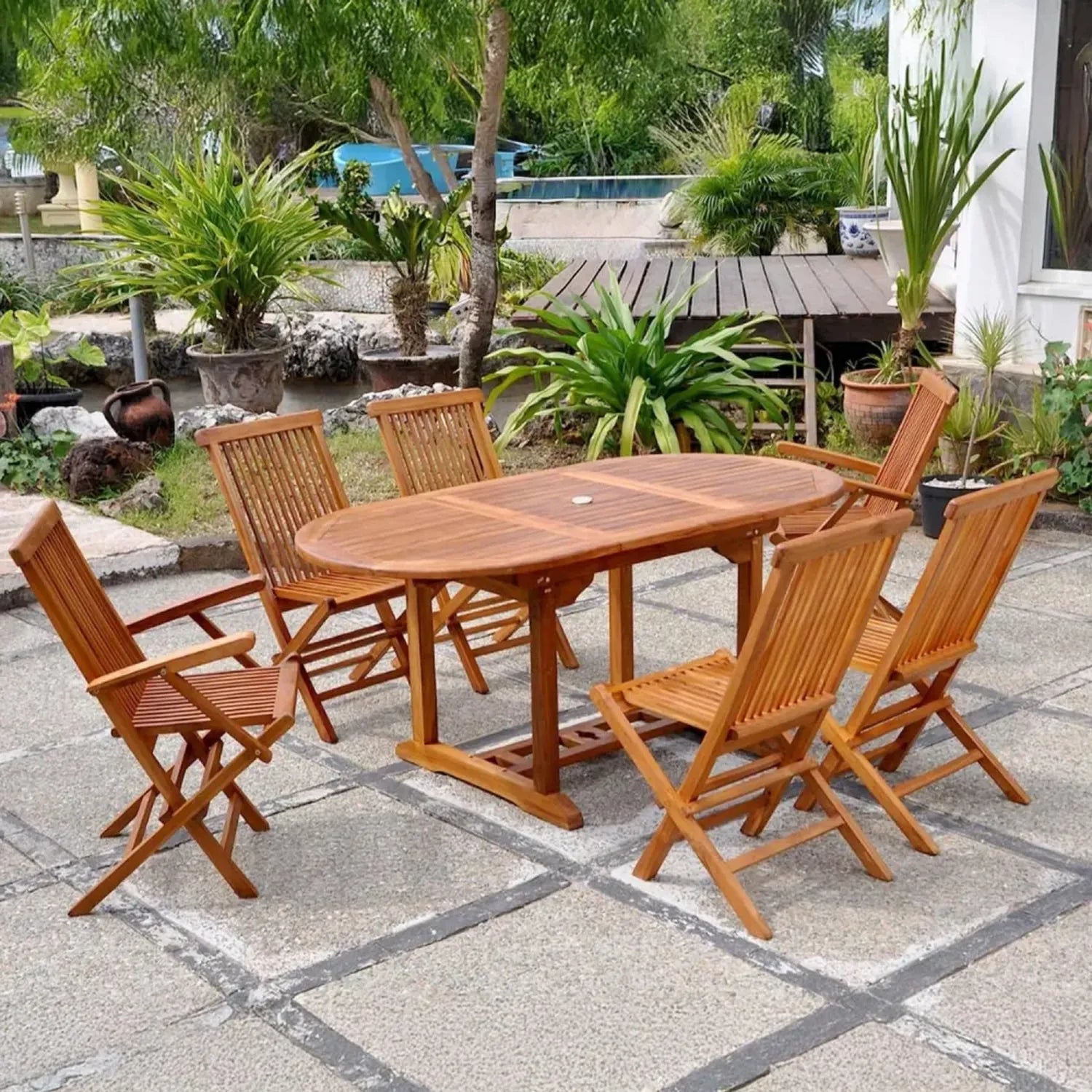 Ensemble de Jardin en Teck pour 6 Personnes avec Table Ovale et Chaises Confortables