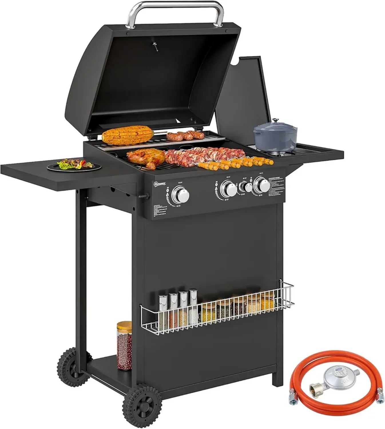 Grill à gaz de jardin Outsunny 3+1 brûleurs, 9,5 kW, 2 grilles en acier chromé, étagères latérales, roues et thermomètre, idéal camping, noir