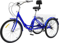Tricycle adulte pliant 24 pouces, 7 vitesses, avec panier, idéal pour seniors et femmes, hauteur ajustable, bleu