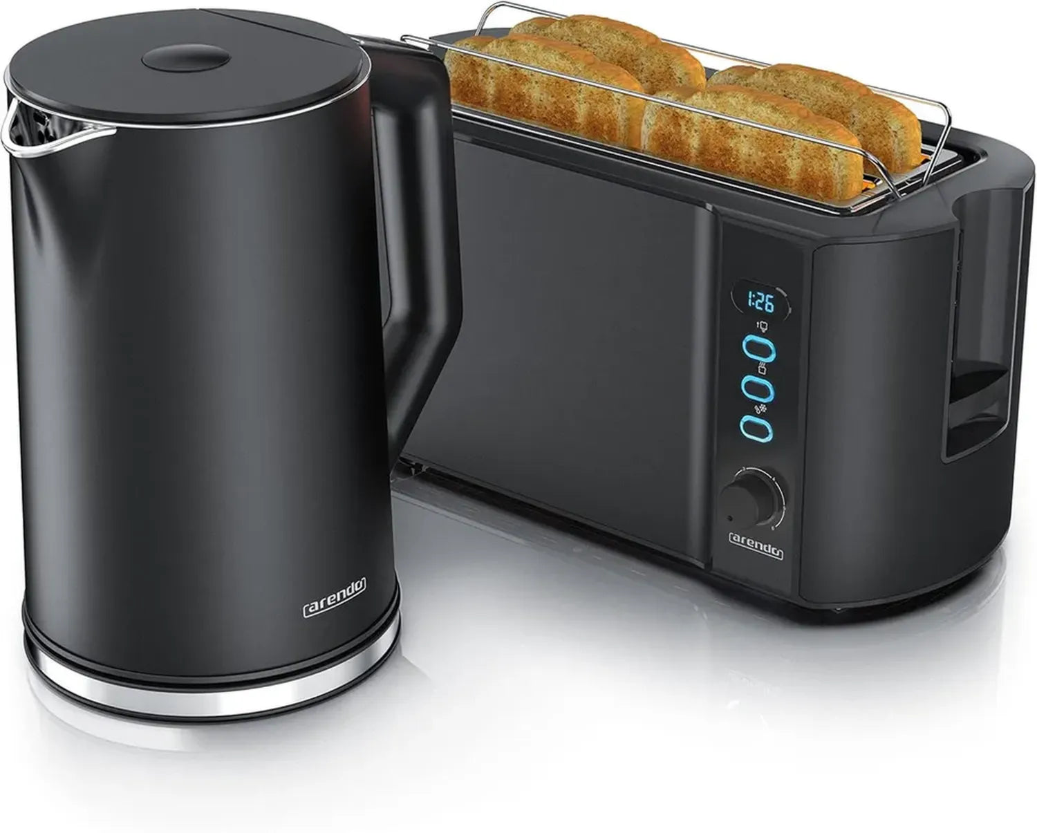 Set Petit-Déjeuner Arendo: Bouilloire et Grille-Pain en Acier Inoxydable, Noir, 1,5L, Température Réglable, Maintien au Chaud, 4 Tranches, LED, 6 Niveaux de Brunissage, Support à Pain