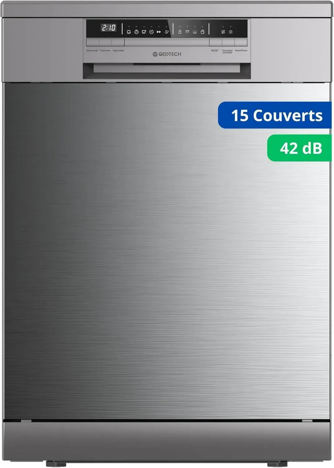 Lave-vaisselle GEDTECH 15 Couverts Inox - Ultra Silencieux 42 dB - Modes Éco et Intensif - Départ Différé - Sécurité Enfant