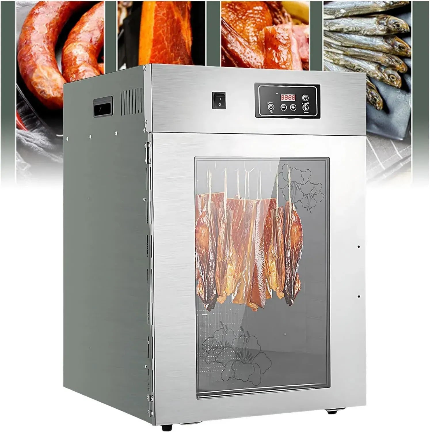Déshydrateur rotatif en acier inoxydable 360° pour viande et saucisses - Minuterie numérique 24h - Idéal pour bacon, poulet, canard, poisson, bœuf