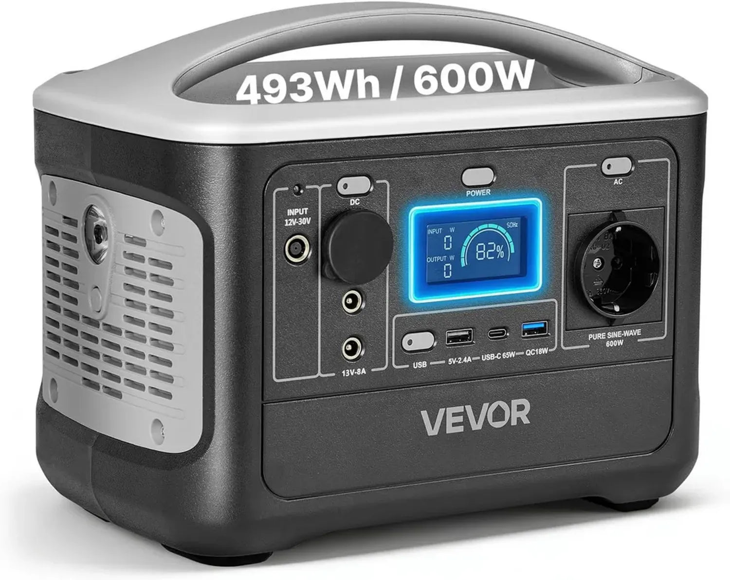 Générateur Portable VEVOR 600W, Batterie d'Urgence LiFePO4 493Wh, Idéal pour Camping et Voyages, 7 Ports de Sortie