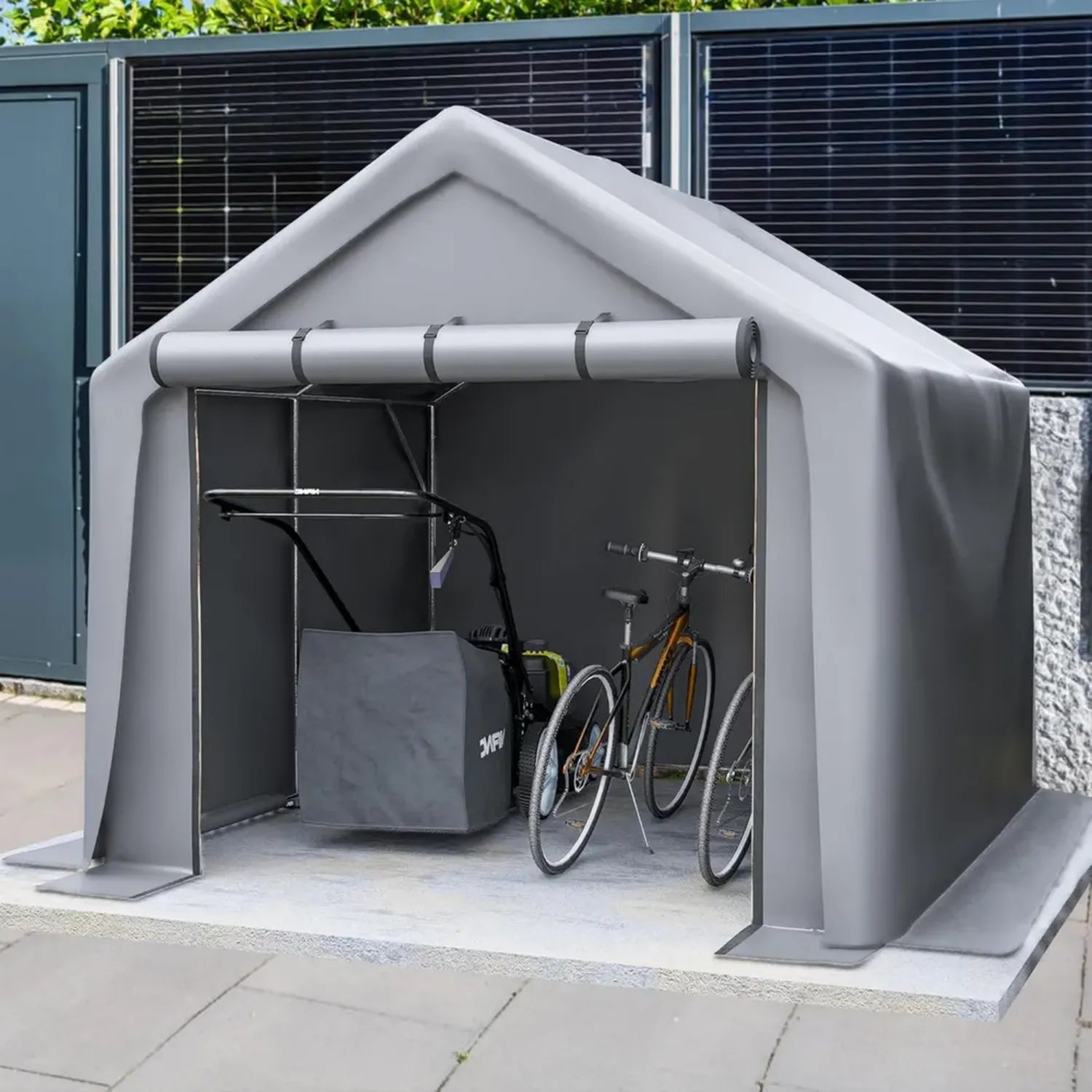 Abri XXL en métal pour vélos et outils, 4 places, résistant hiver, 244x241x217 cm, porte roulante, cadre acier, gris foncé