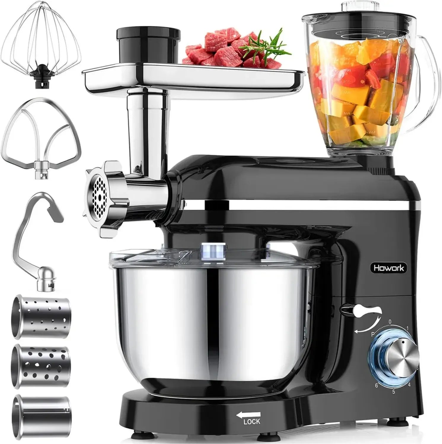 Robot pâtissier HOWORK 1500W, bol 6,2L, avec crochet, fouet et batteur