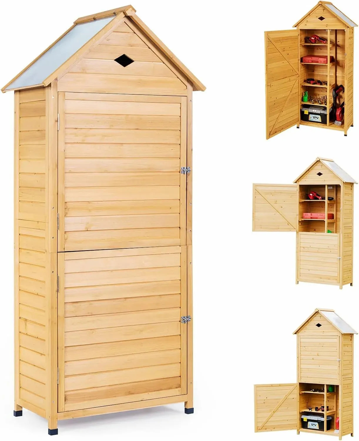 Abri de Jardin en Bois Résistant aux Intempéries avec 4 Étagères et Placard Verrouillable, 80 x 45 x 177 cm
