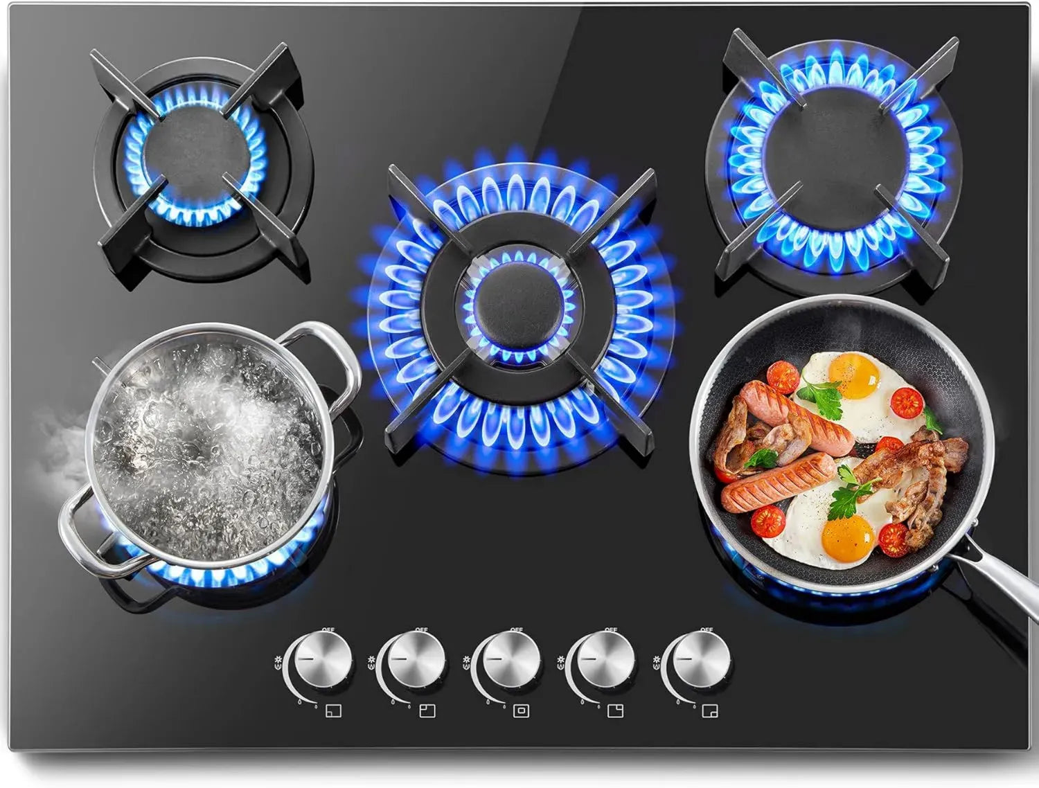 Plaque de Cuisson Gaz 5 Feux, Encastrable 70cm, Compatible Gaz Naturel et Propane, 10400W, Verre Trempé Noir, Sécurité Arrêt Automatique