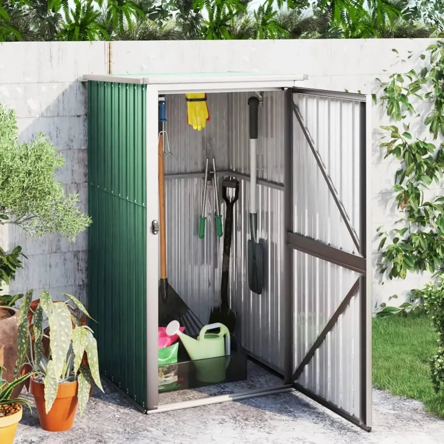 Abri de Jardin en Métal Vert Résistant aux Intempéries avec Portes Verrouillables, 88 x 89 x 161 cm