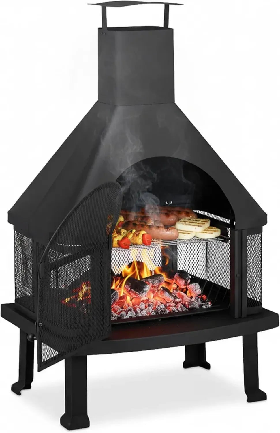 Cheminée de Terrasse avec Grill Noir - Protection Contre Étincelles, Tisonnier en Acier Massif, 110x63x51 cm