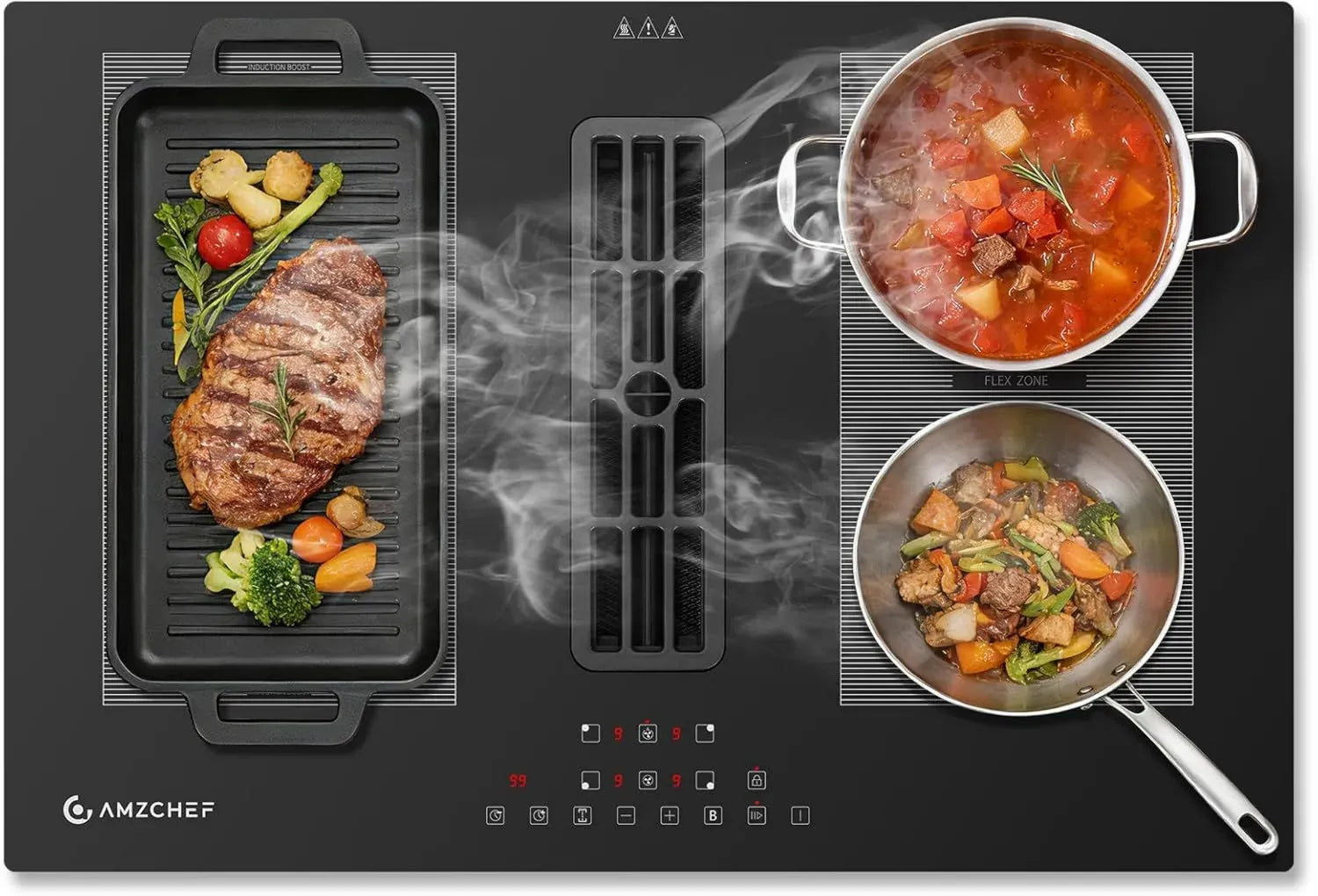 Plaque Induction avec Hotte Intégrée 2-en-1 - 4 Zones, 7200W