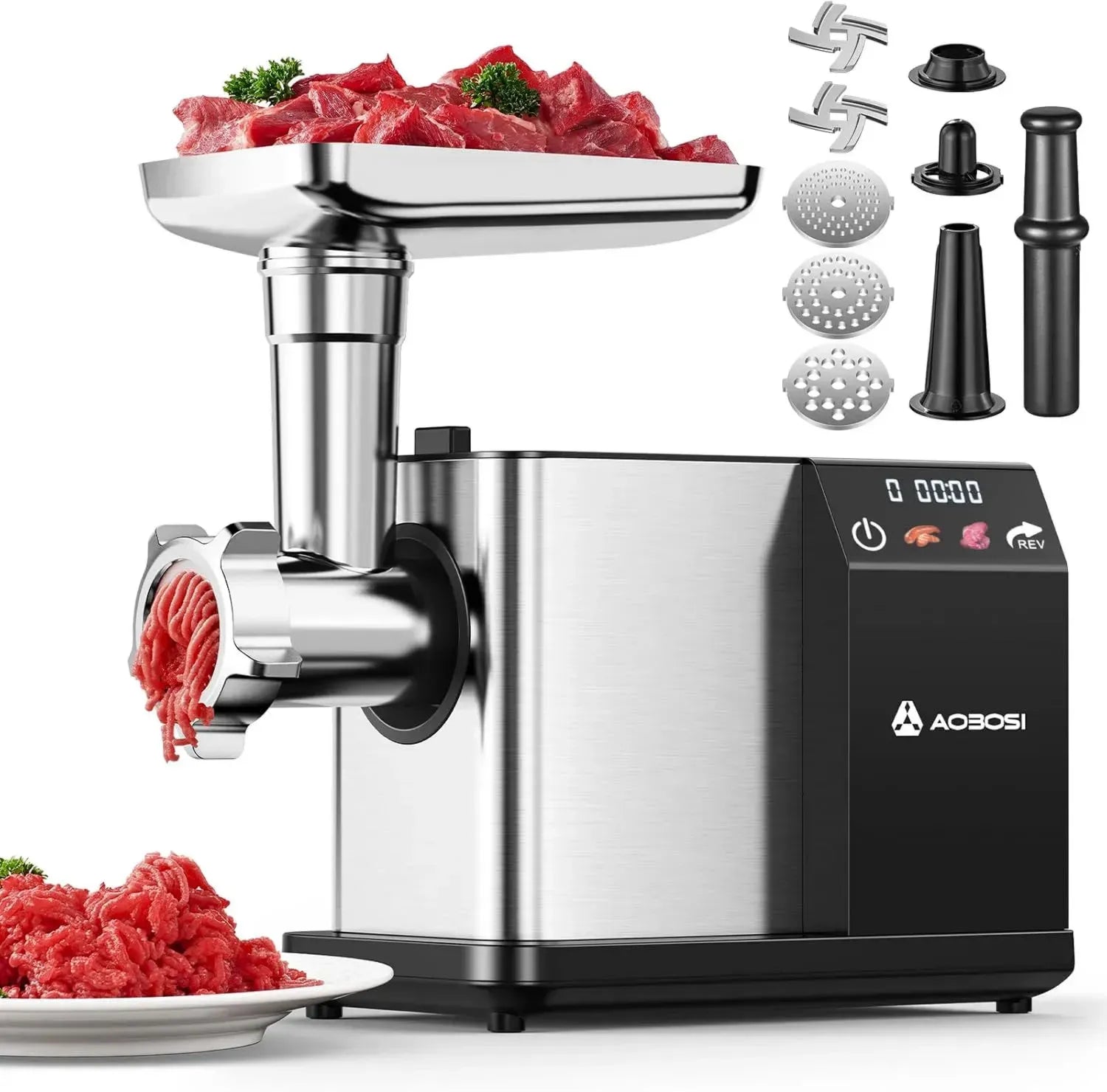 Hachoir à Viande Électrique AAOBOSI 3000W, Écran LED, 3 Vitesses, Système Anti-Blocage, Rangement Intégré, Pour Saucisses et Kibbe