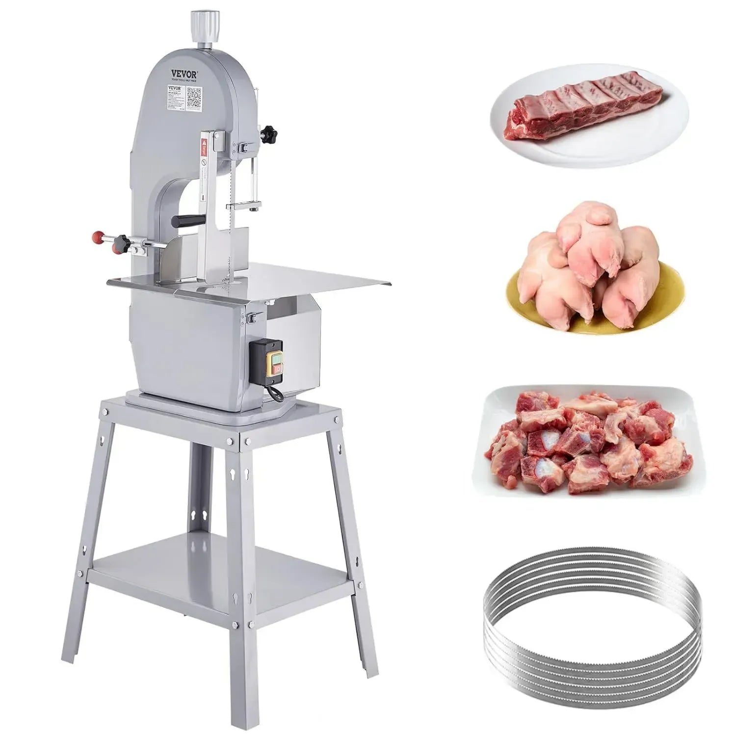 VEVOR Scie à Ruban Électrique 1500 W pour Viande et Os Congelés, Rendement 300 kg/h, Épaisseur Réglable 4-200 mm, Idéale pour Supermarchés et Restaurants, Dimensions 54x49,5x142 cm
