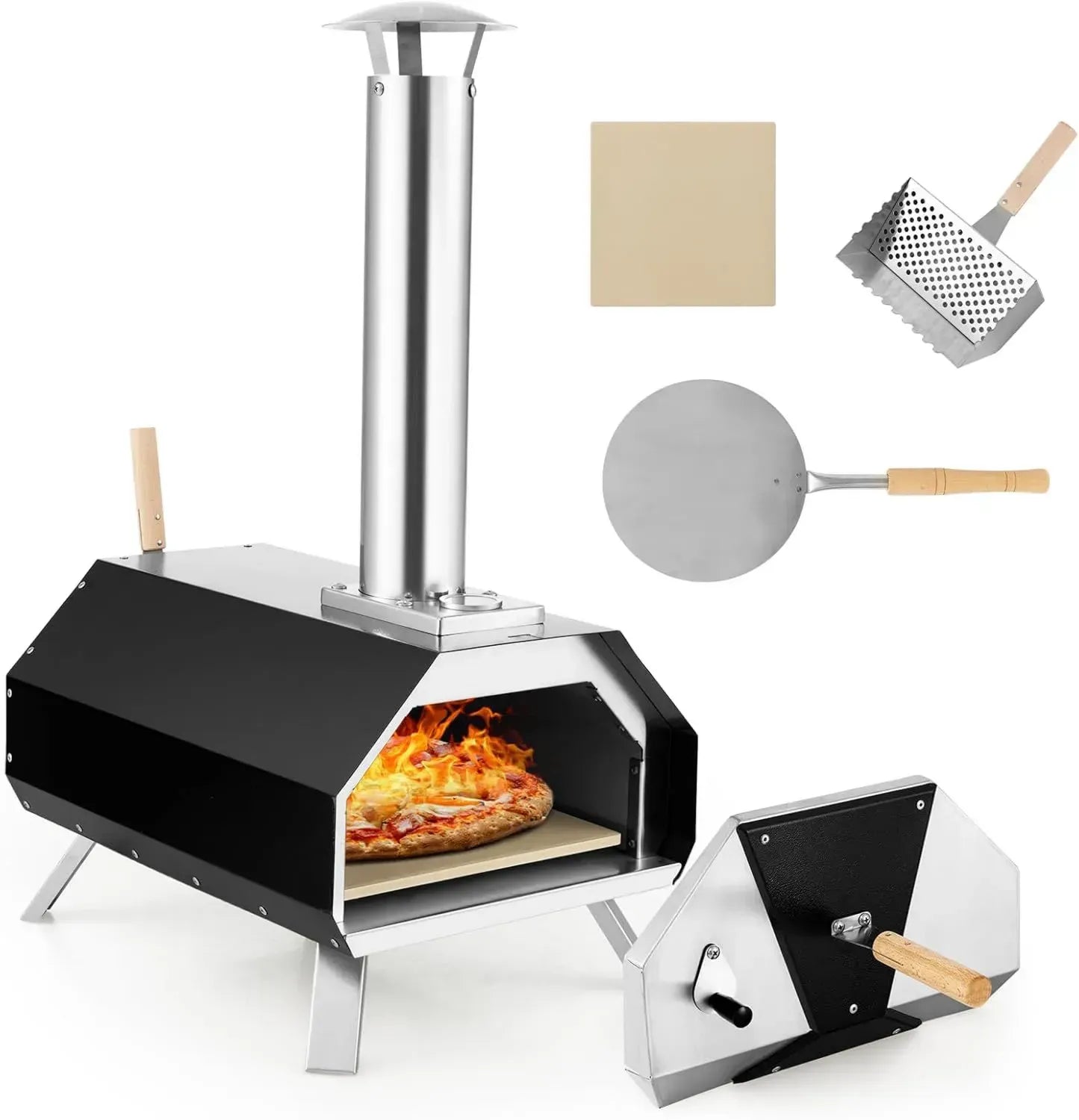 Four à Pizza Portable en Acier Inoxydable avec Pierre de Cuisson 30,5 cm, Four à Bois Compact avec Pelle et Cheminée Amovible pour Jardin et Terrasse