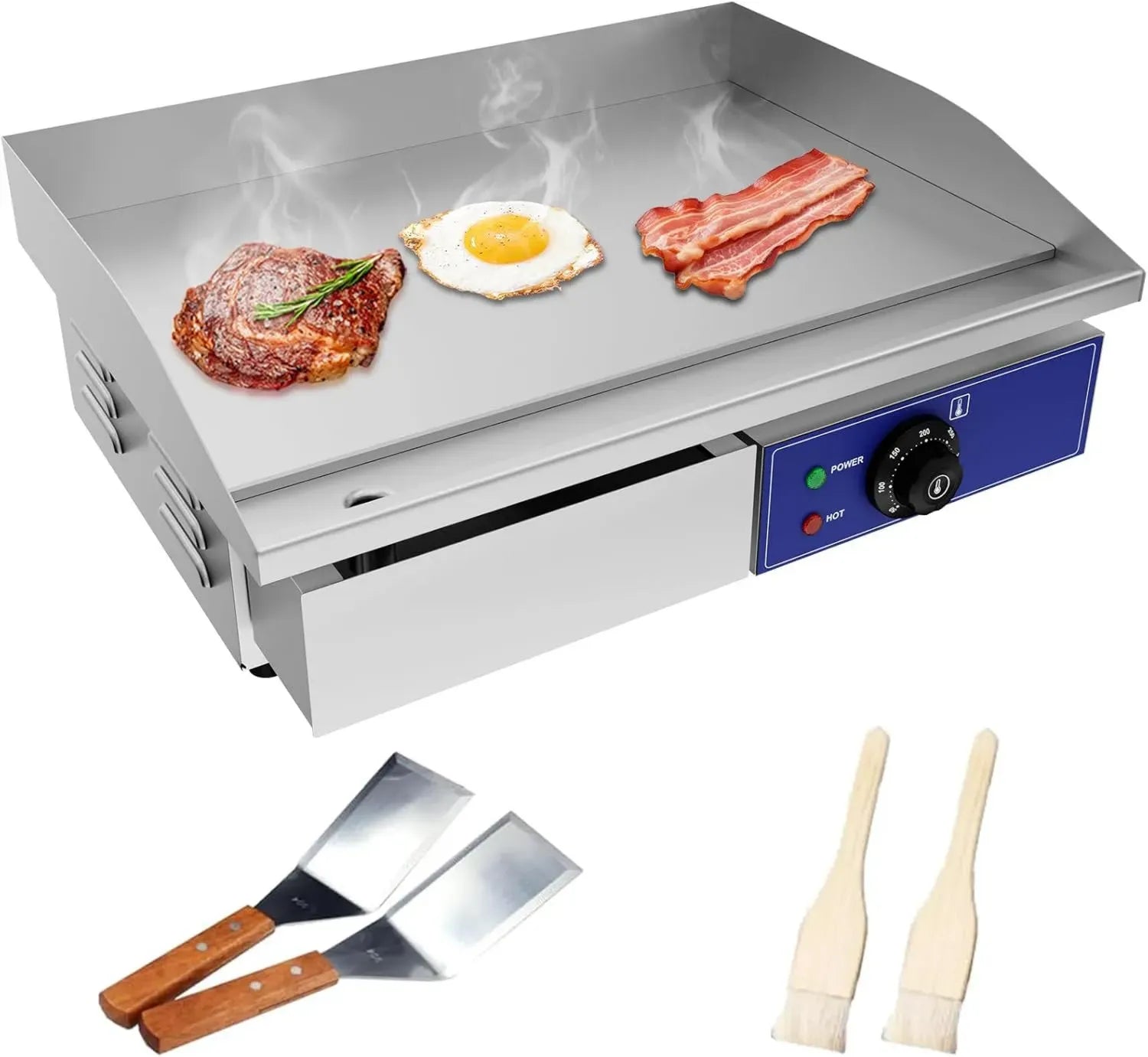 TAIMIKO Gril Électrique Professionnel Inox 3000W Plaque Lisse 55x35.5cm Double Zone avec Thermostat et Bac Amovible