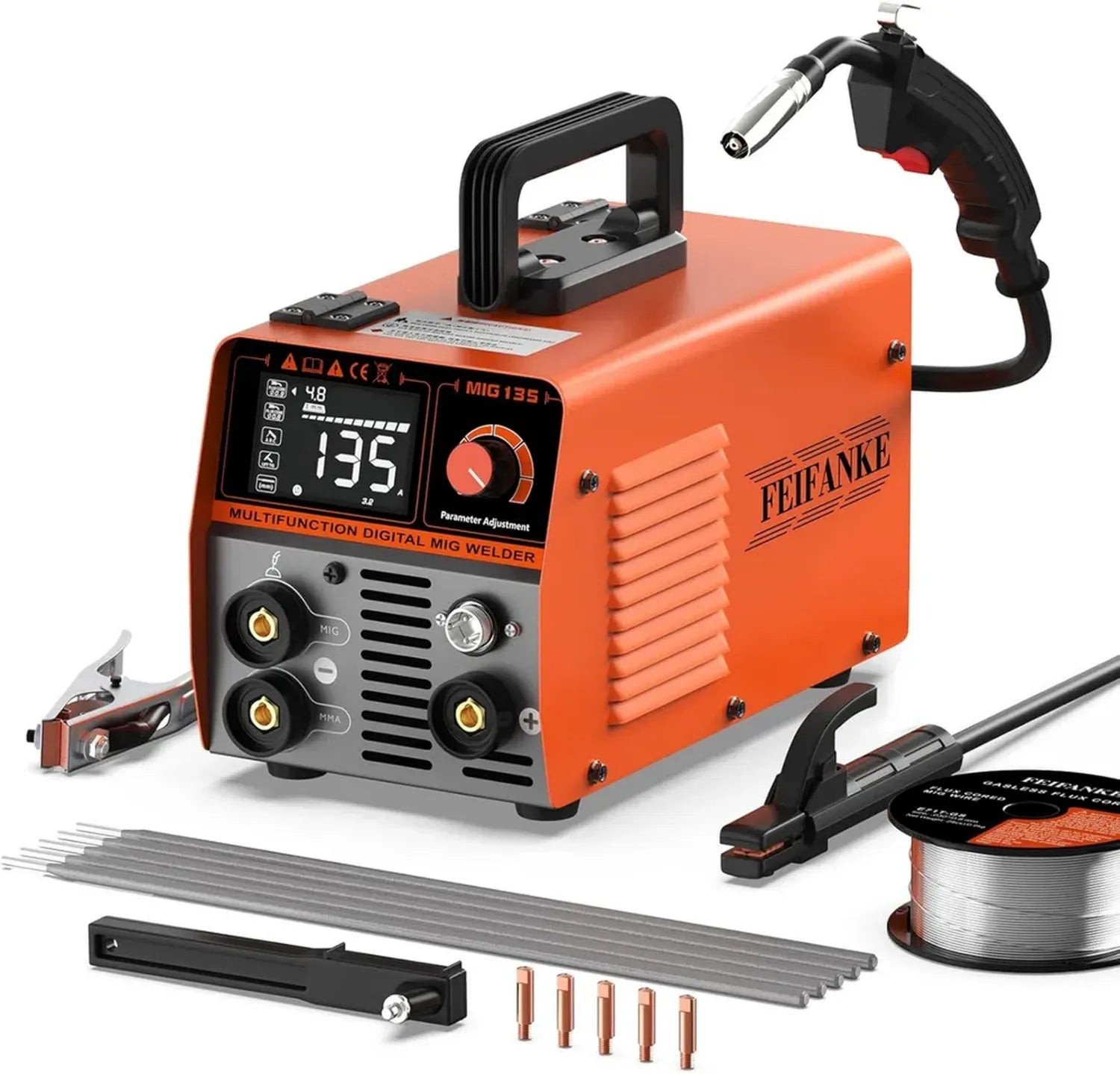Poste à Souder Multifonction MIG/ARC/TIG 135A Sans Gaz 220V IGBT Inverter avec Synergie et Fil 1.0mm