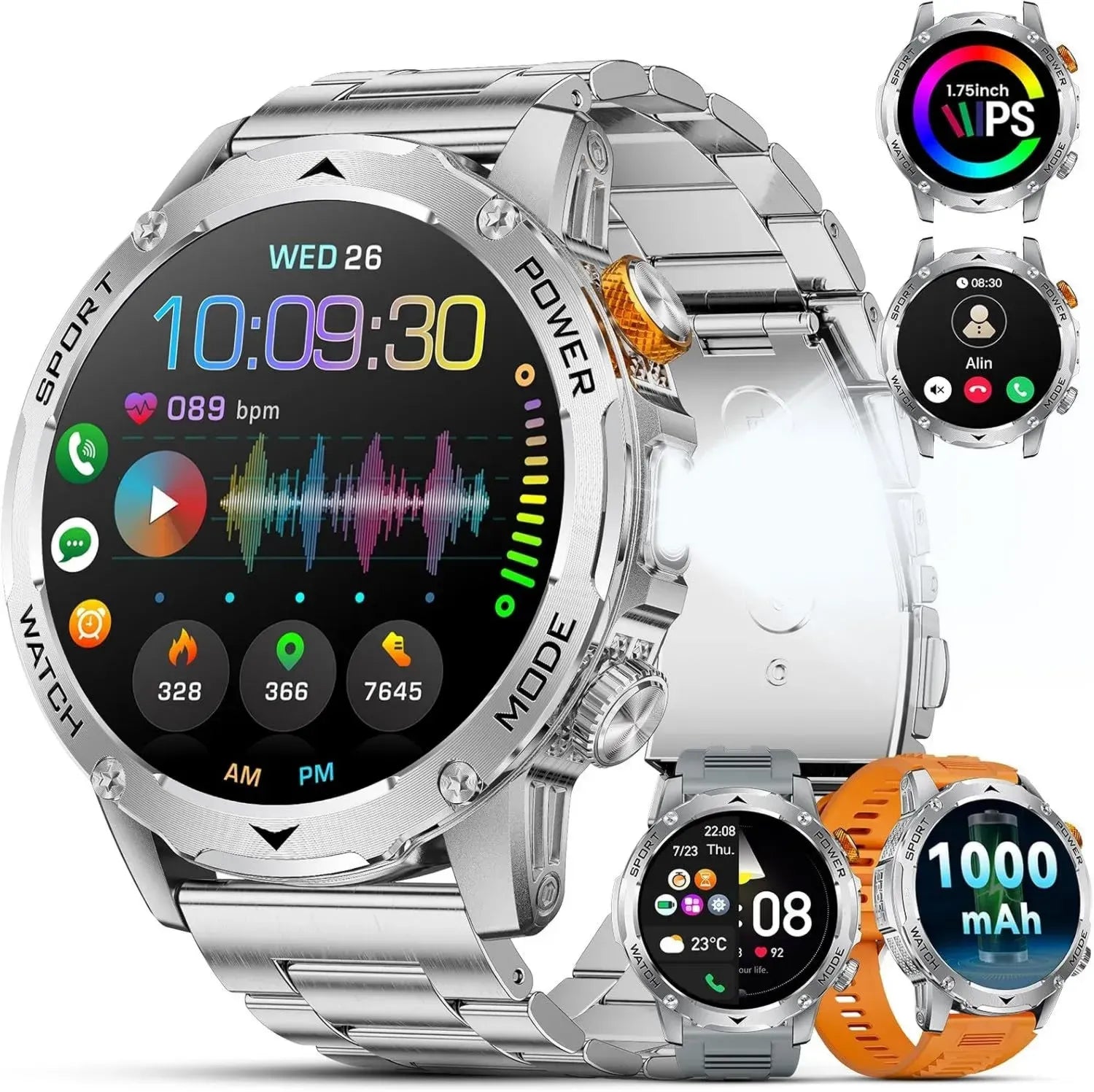 Montre Intelligente Militaire Homme 1.75' avec Appels Bluetooth, 113 Modes Sport, Étanche 5ATM, Surveillance Sommeil et Fréquence Cardiaque, Compatible Android iOS, Batterie 1000mAh, Argent
