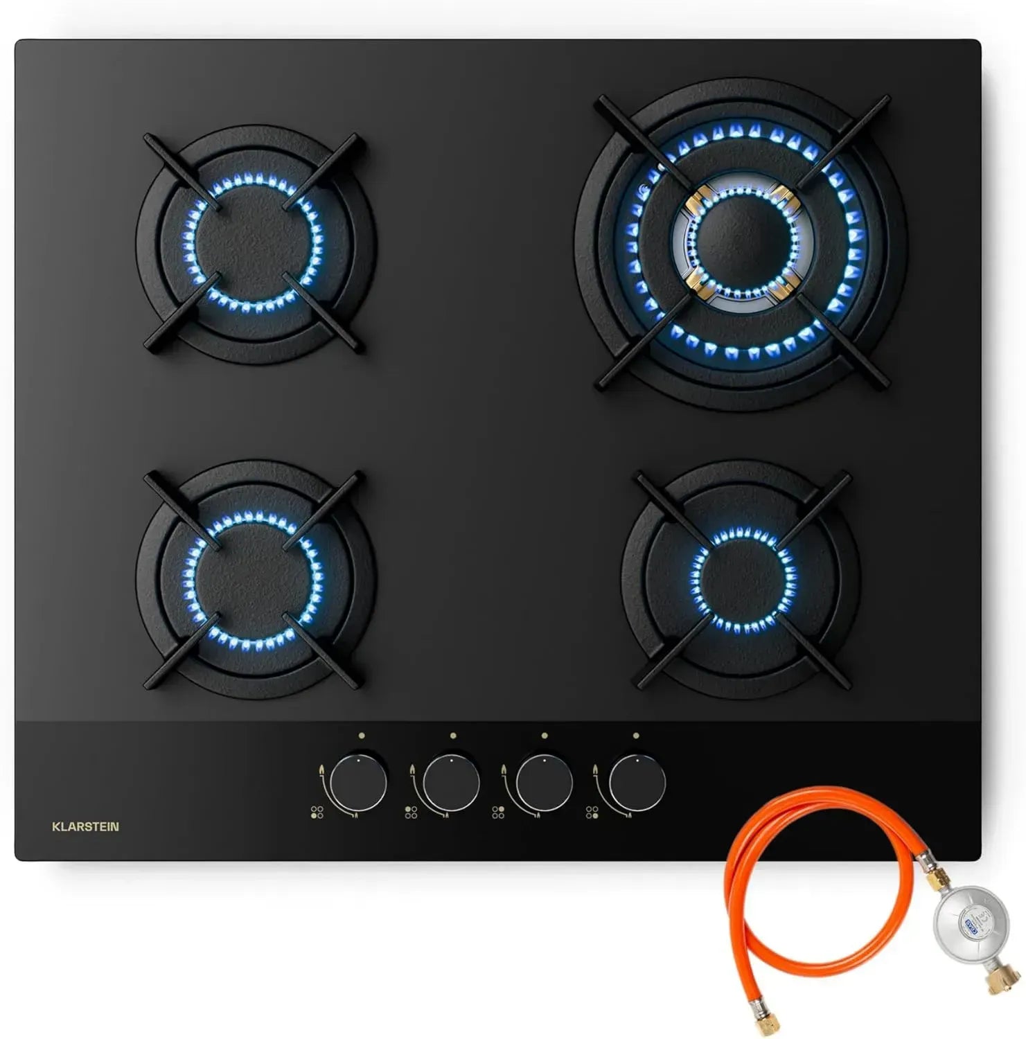 Klarstein Goldflame Nano Table de Cuisson à Gaz, 4 Foyers en Laiton, 8 kW, 60 cm, Verre Nano, Allumage Automatique, Sécurité contre la Flamme, Compatible GN/GPL, Kit de Conversion Inclus