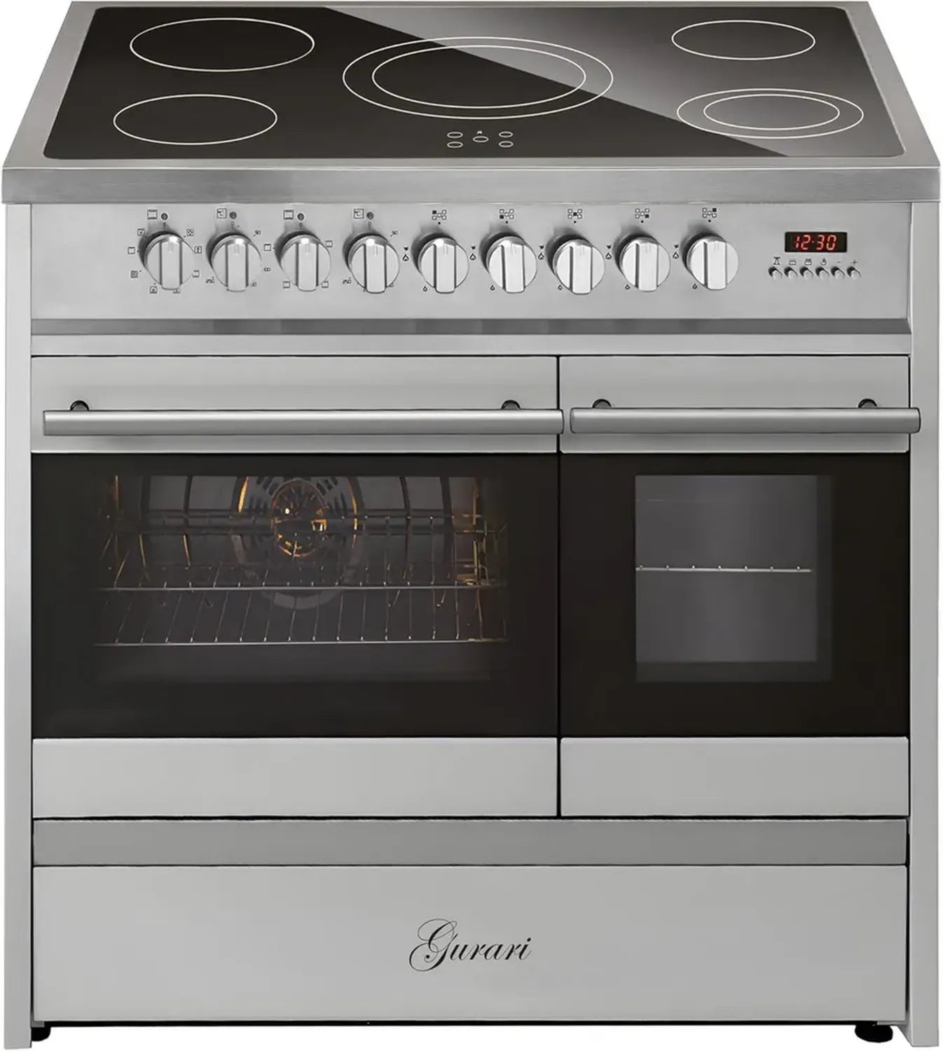 Cuisinière électrique en vitrocéramique 90 cm inox avec double four et 5 zones High Light