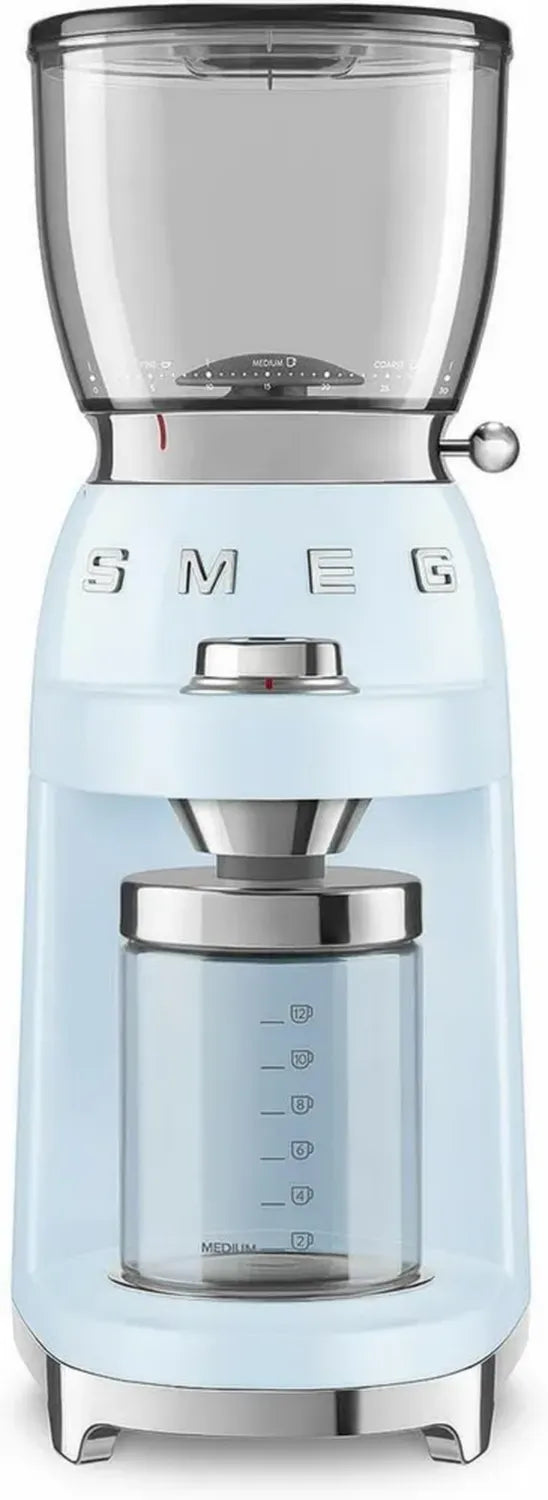 Smeg Moulin à Café Électrique 150W, Réglage Précis, Capacité 350g, Système Antistatique, Bleu Azur