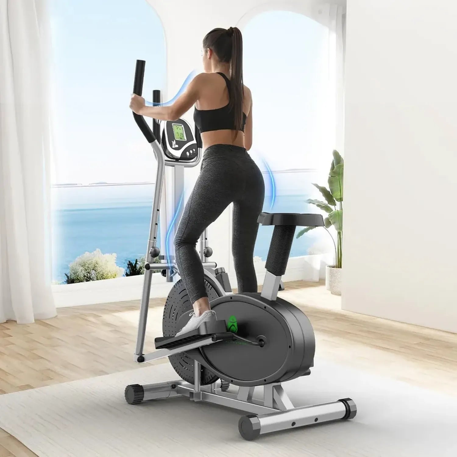 Vélo elliptique 2 en 1 Yonisee avec siège ergonomique, résistance ajustable et écran LCD, capteur cardiaque intégré