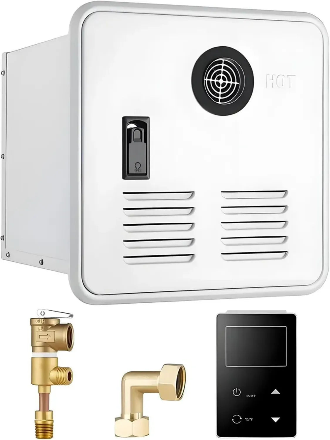 Chauffe-Eau au Propane Portable 12V pour Camping-Car, 65 000 BTU, 3,9 GPM, avec Porte 15x15' et Télécommande - Blanc