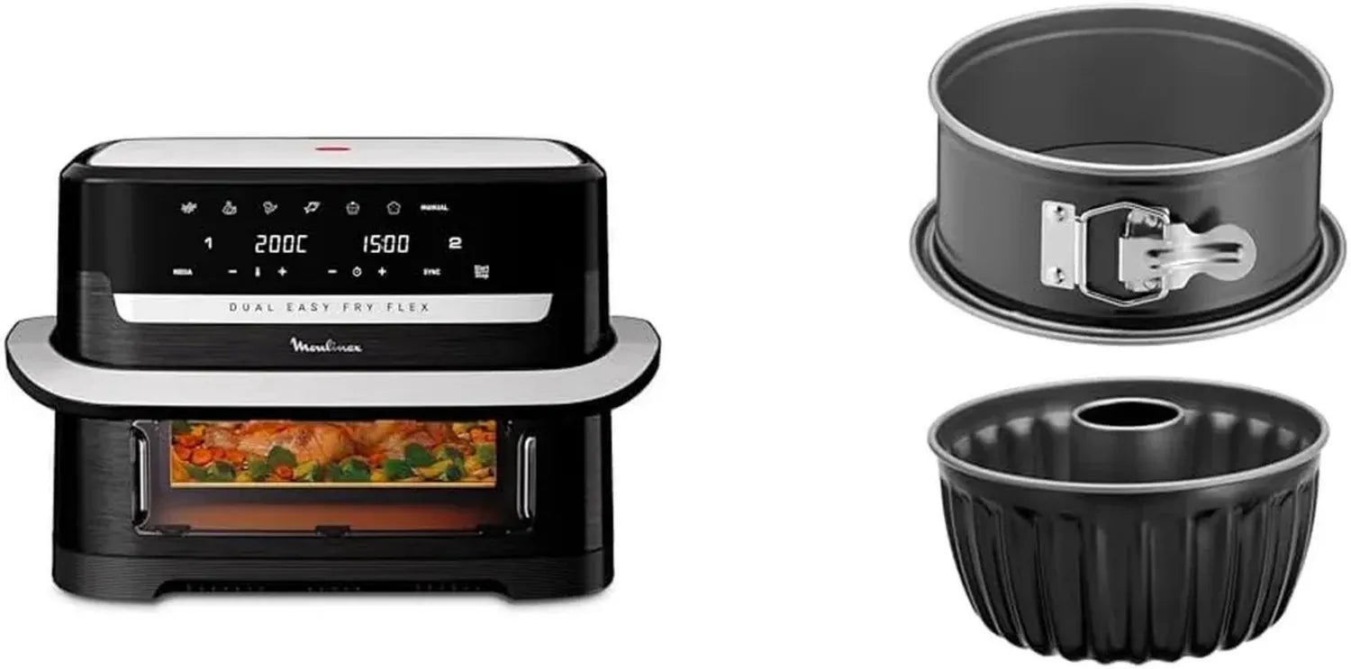 Friteuse à Air Moulinex Flex 9L - Double Zone avec Séparateur Amovible, Noir + 2 Moules à Gâteaux Tefal