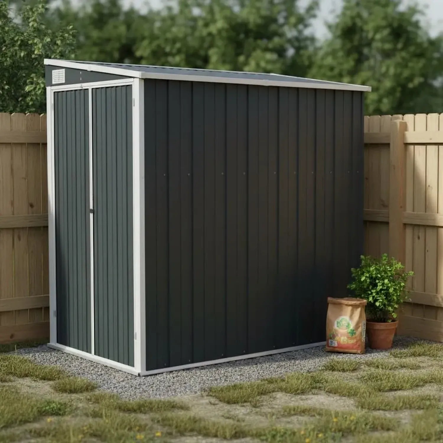 Abri de Jardin Anthracite en Acier Galvanisé avec Structure Bois, 118 x 194 x 178 cm