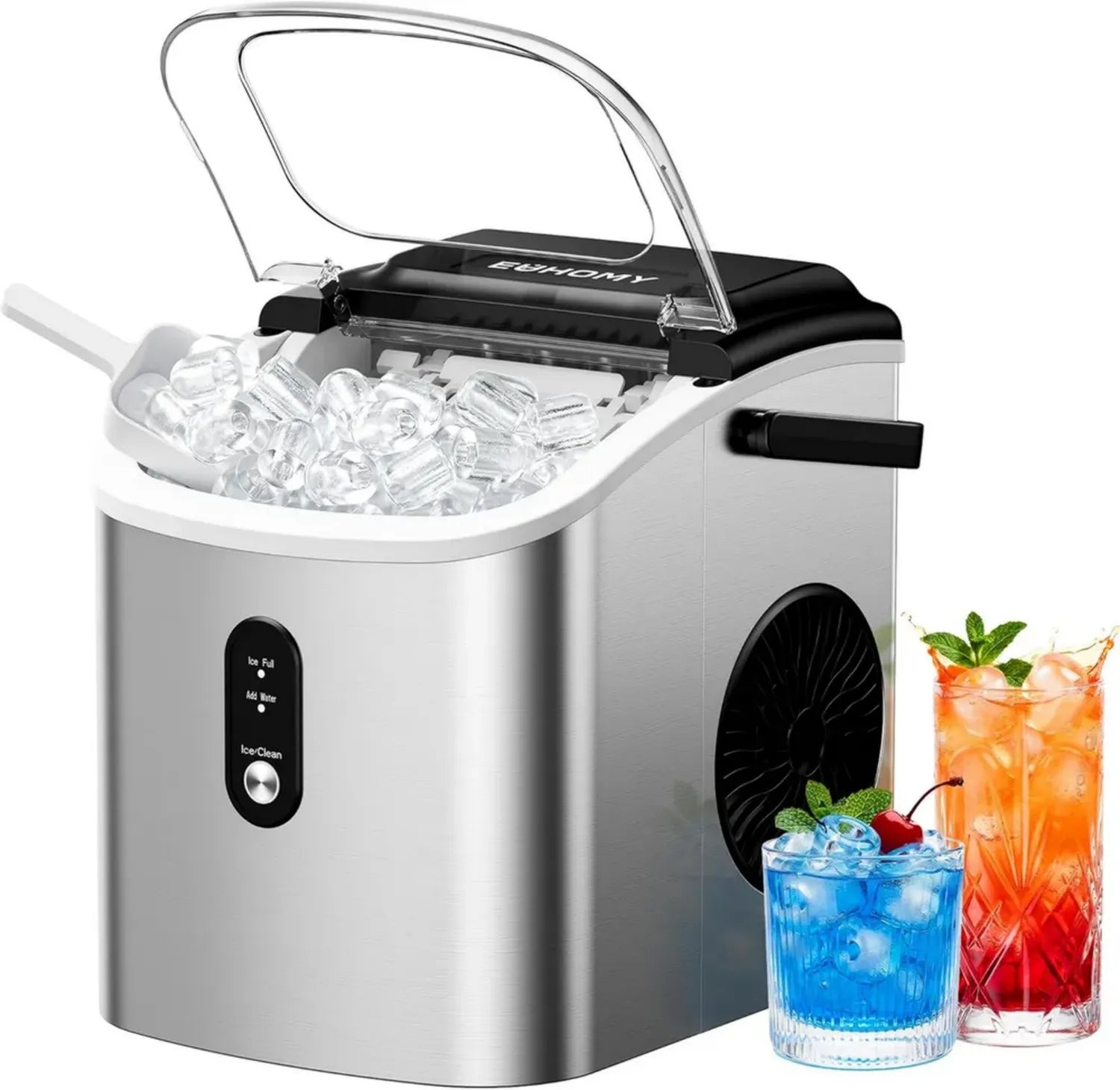 Machine à glaçons portable EUHOMY - 26,5 lbs/jour, 9 glaçons en 6 min, avec panier et poignée, idéale pour maison, cuisine, camping