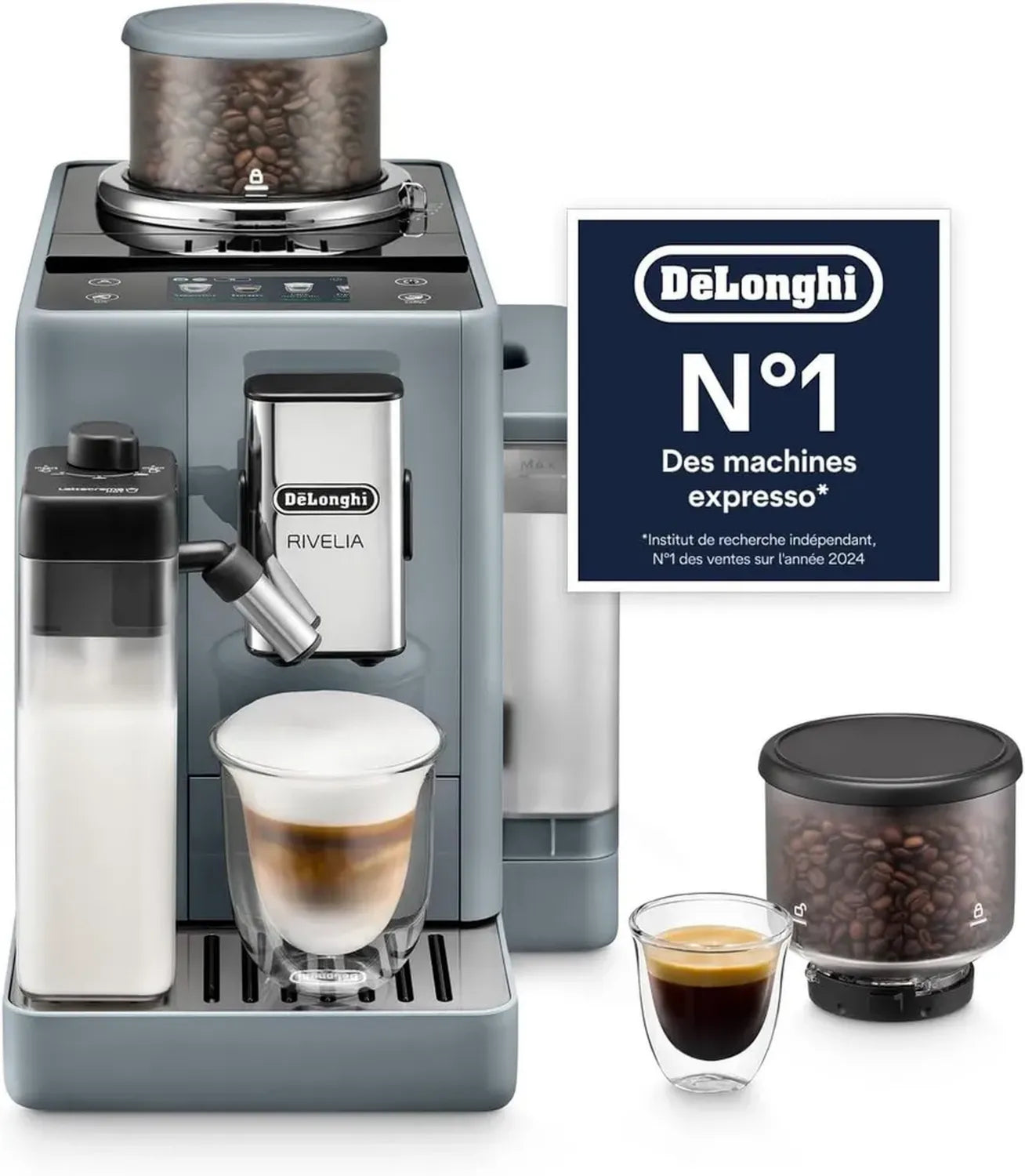De'Longhi Rivelia - Machine à Café Automatique avec Mousseur LatteCrema, 16 Boissons Préprogrammées, Écran Tactile, Conteneurs Amovibles, Gris