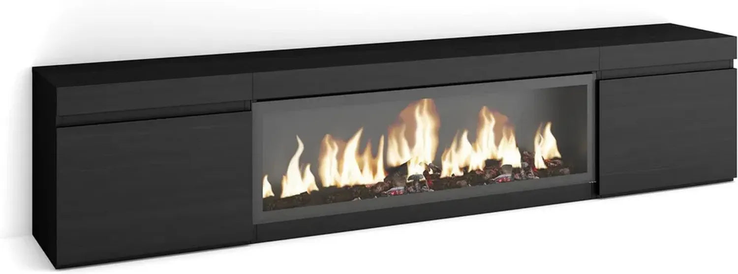 Meuble TV Moderne avec Cheminée Électrique XXL, 210 cm, Noir, Compatible TV jusqu'à 80 pouces