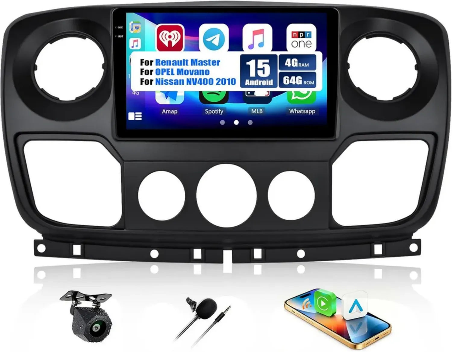 Autoradio 10 Pouces Android 15 avec Caméra pour Renault Master/Opel Movano/Nissan NV400 2010, Bluetooth, CarPlay/Android Auto, GPS, WiFi, FM